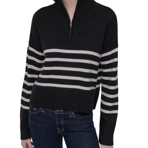 DKNY Womens XL‎ Black White Striped Quarter Zip Mock Neck Sweater NWT